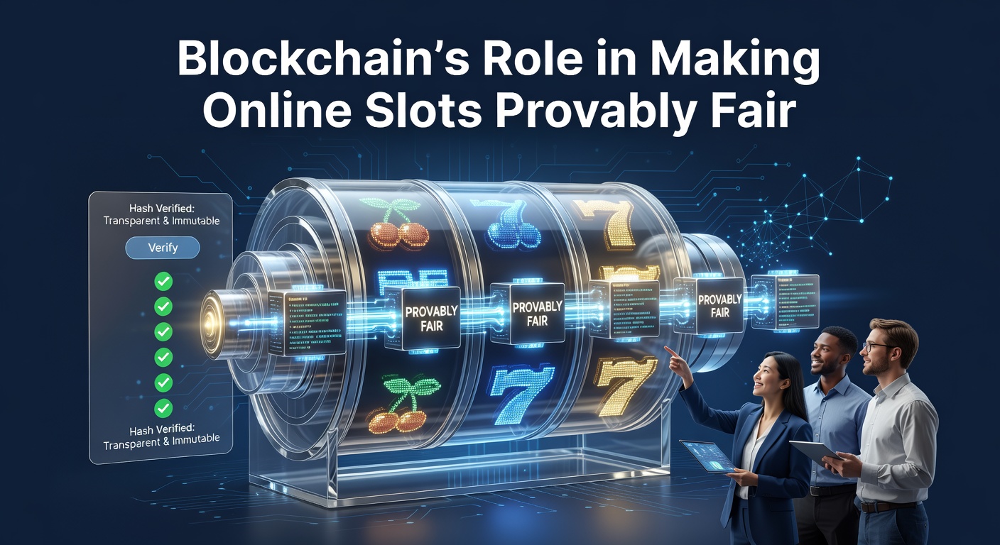 Digital illustration of blockchain chains linking slot machine reels with verification icons, symbolizing provably fair gaming mechanics