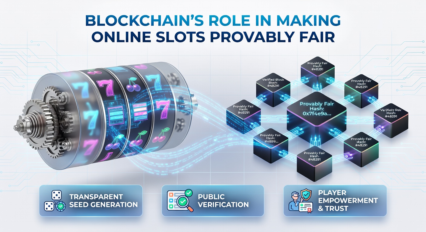 Close-up graphic of a slot machine screen displaying cryptographic hashes and blockchain blocks verifying a jackpot win