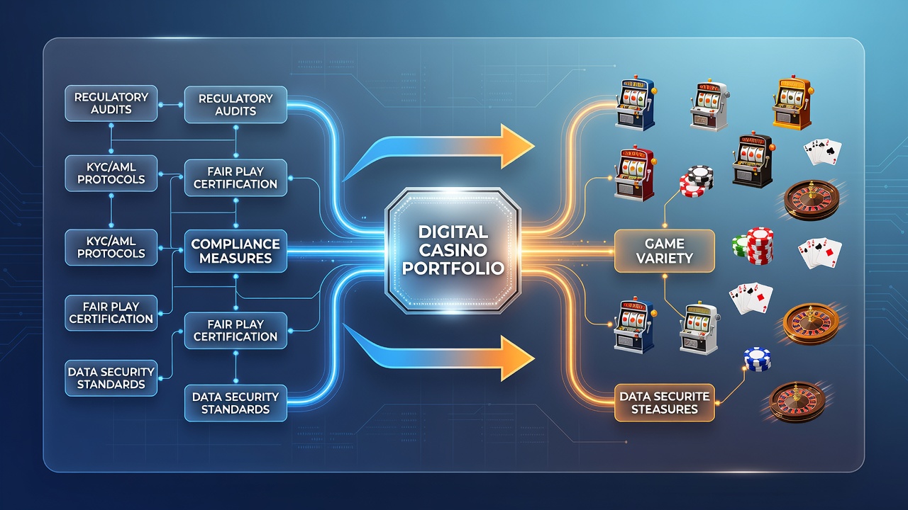 Backend dashboard displaying compliance metrics overlaid on multiple game categories including slots and table games