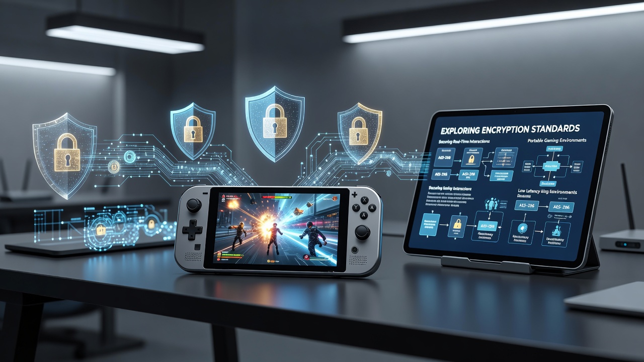 Mobile gaming device displaying secure real-time multiplayer interface with encryption indicators