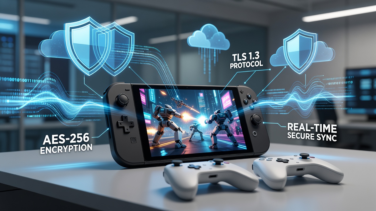 Network diagram illustrating encrypted data flows between portable gaming devices and servers