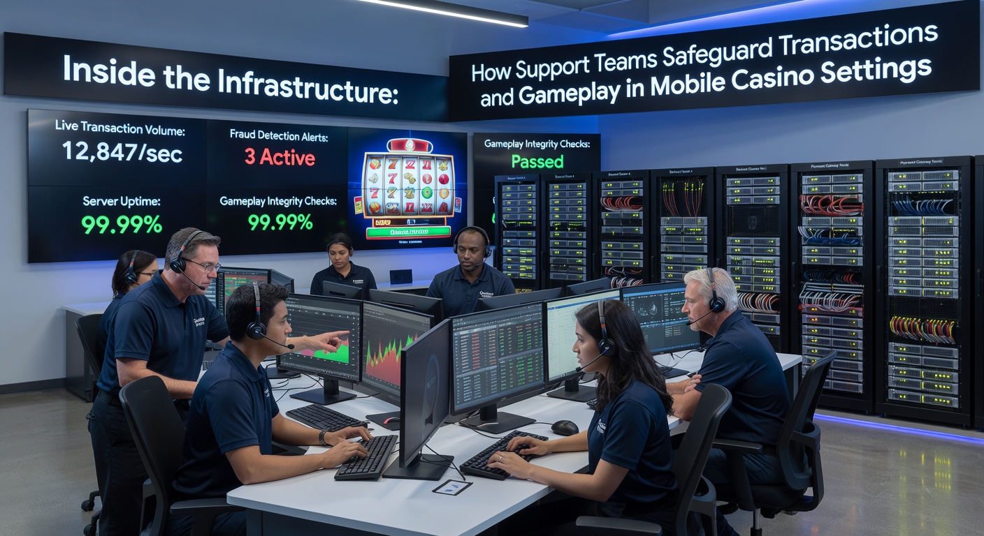 Support team monitoring mobile casino transaction security dashboards in real time