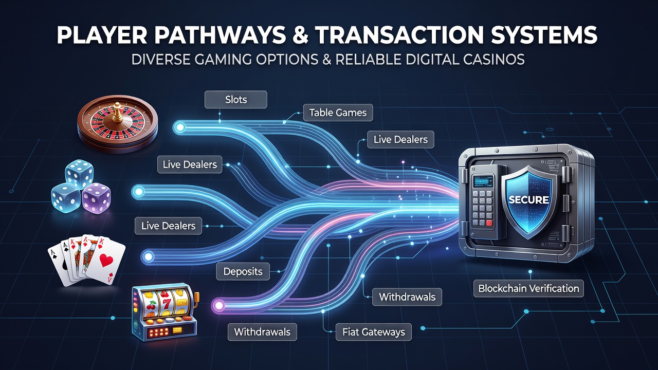 Diagram showing secure transaction flows between player accounts, game servers, and banking partners in online casino environments
