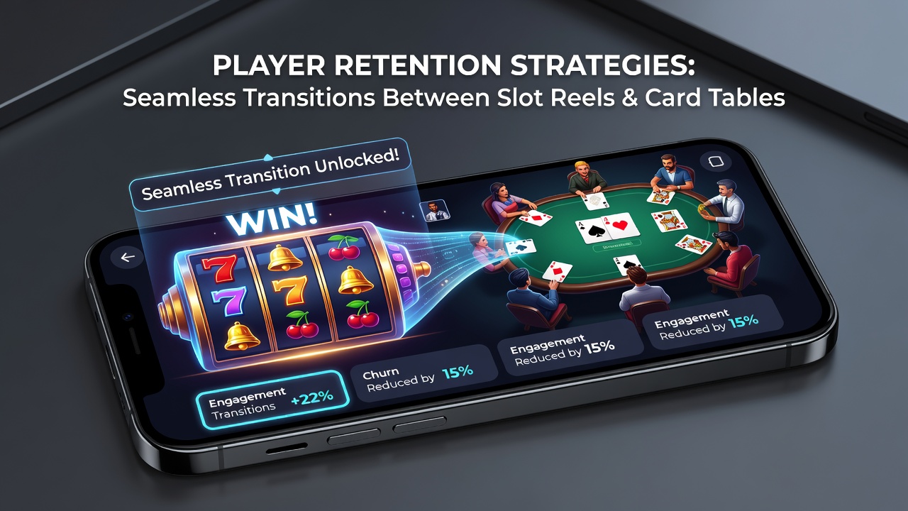 Split-screen view of a casino app demonstrating transition from spinning reels to a blackjack table with active loyalty indicators