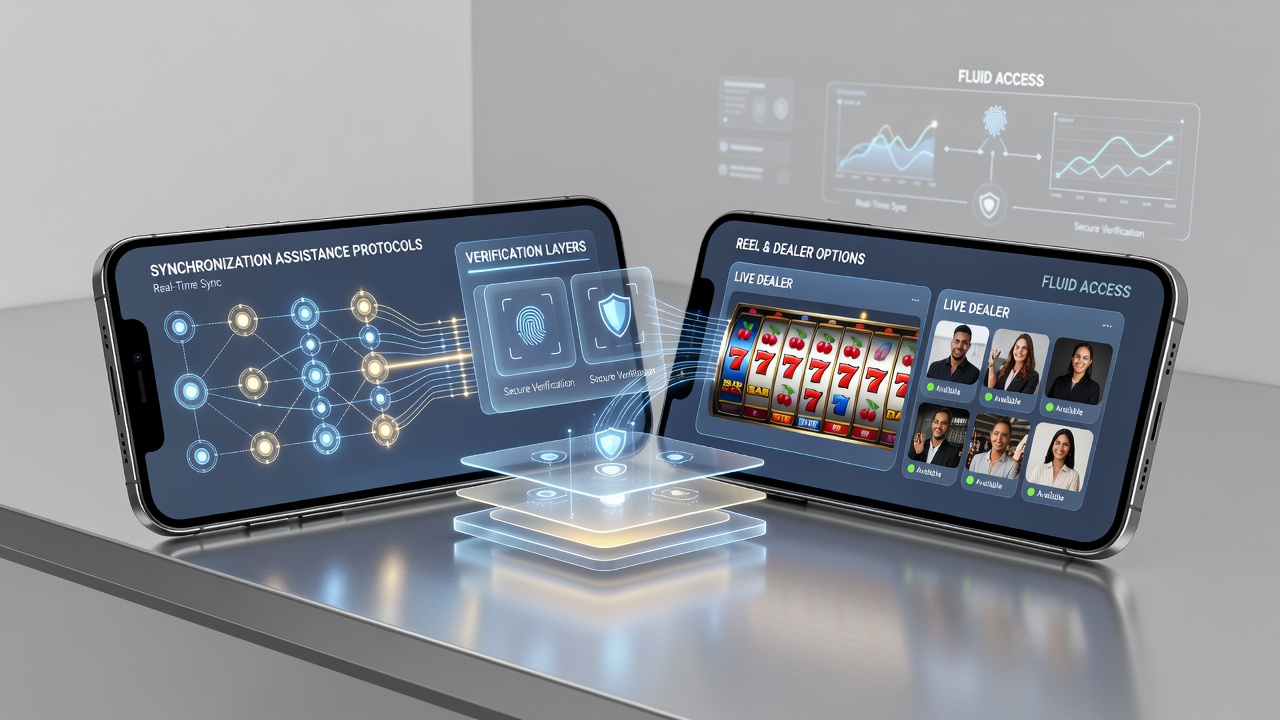 Mobile device displaying synchronized casino reel and dealer access with verification layers active