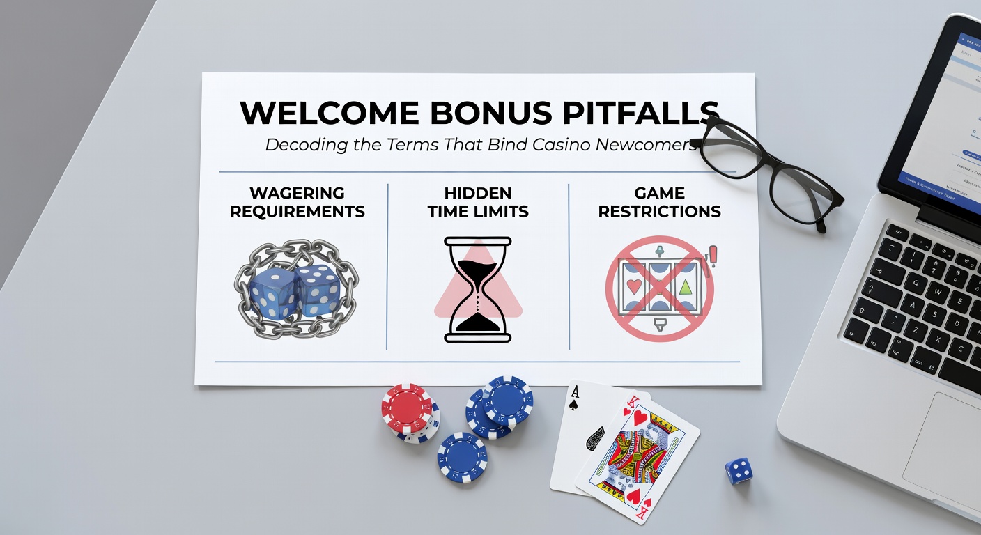 Casino newcomer reviewing fine print on welcome bonus terms on a laptop screen, highlighting hidden clauses