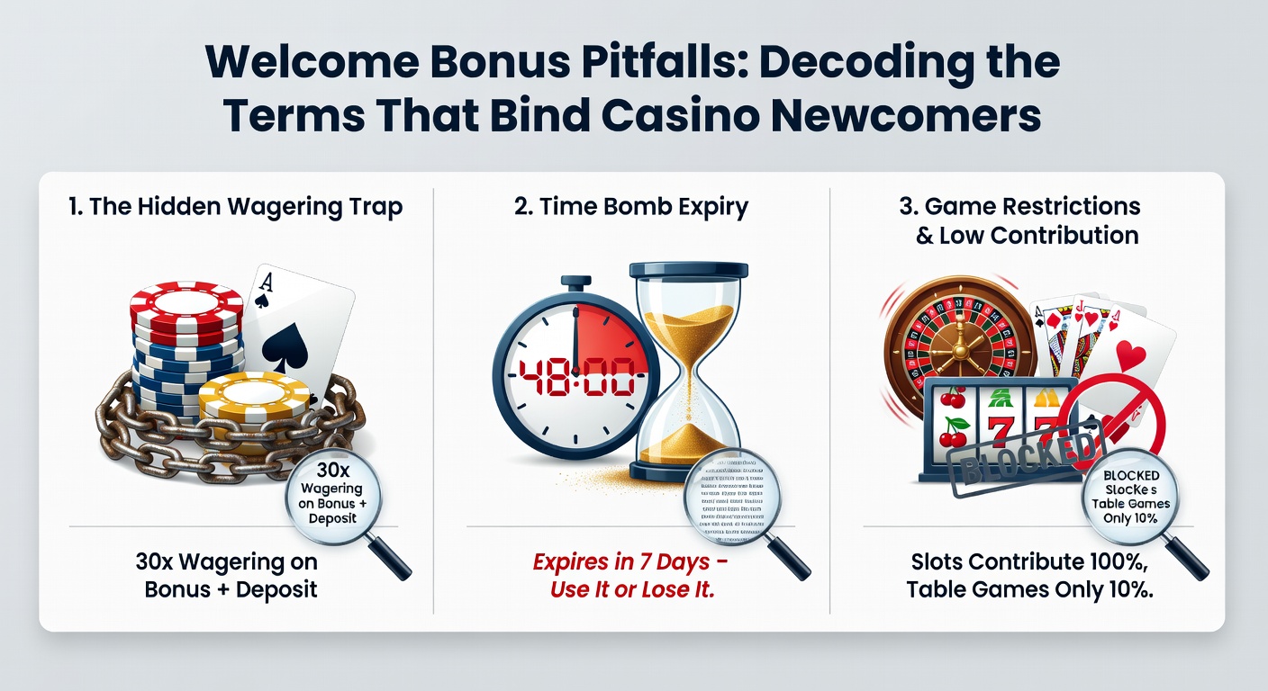 Close-up of a welcome bonus terms document with highlighted wagering requirements and restrictions, symbolizing the pitfalls for new players